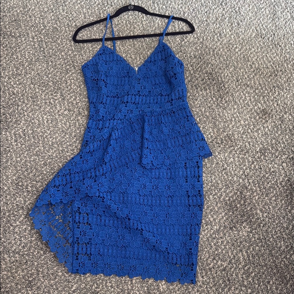 Blue Lace Peplum Spaghetti Strap Dress